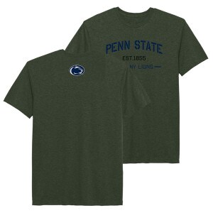 olive short sleeve t-shirt with Penn State Est. 1855 Nittany Lions on front, Athletic Logo on back